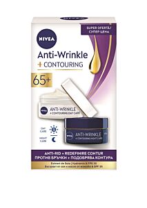 КОМПЛЕКТ Nivea AntiWrinkle+ Контуриращ дневен + нощен крем против бръчки 65+