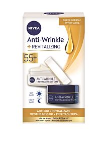 КОМПЛЕКТ Nivea AntiWrinkle+ Възстановяващ дневен + нощен крем против бръчки 55+